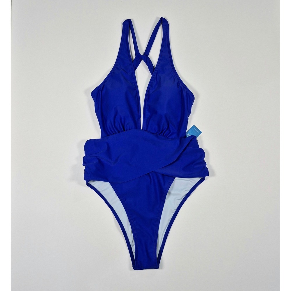 Cupshe Womens Blue Crossover V-Neck Halter One Piece Swimsuit‎ NWT Large